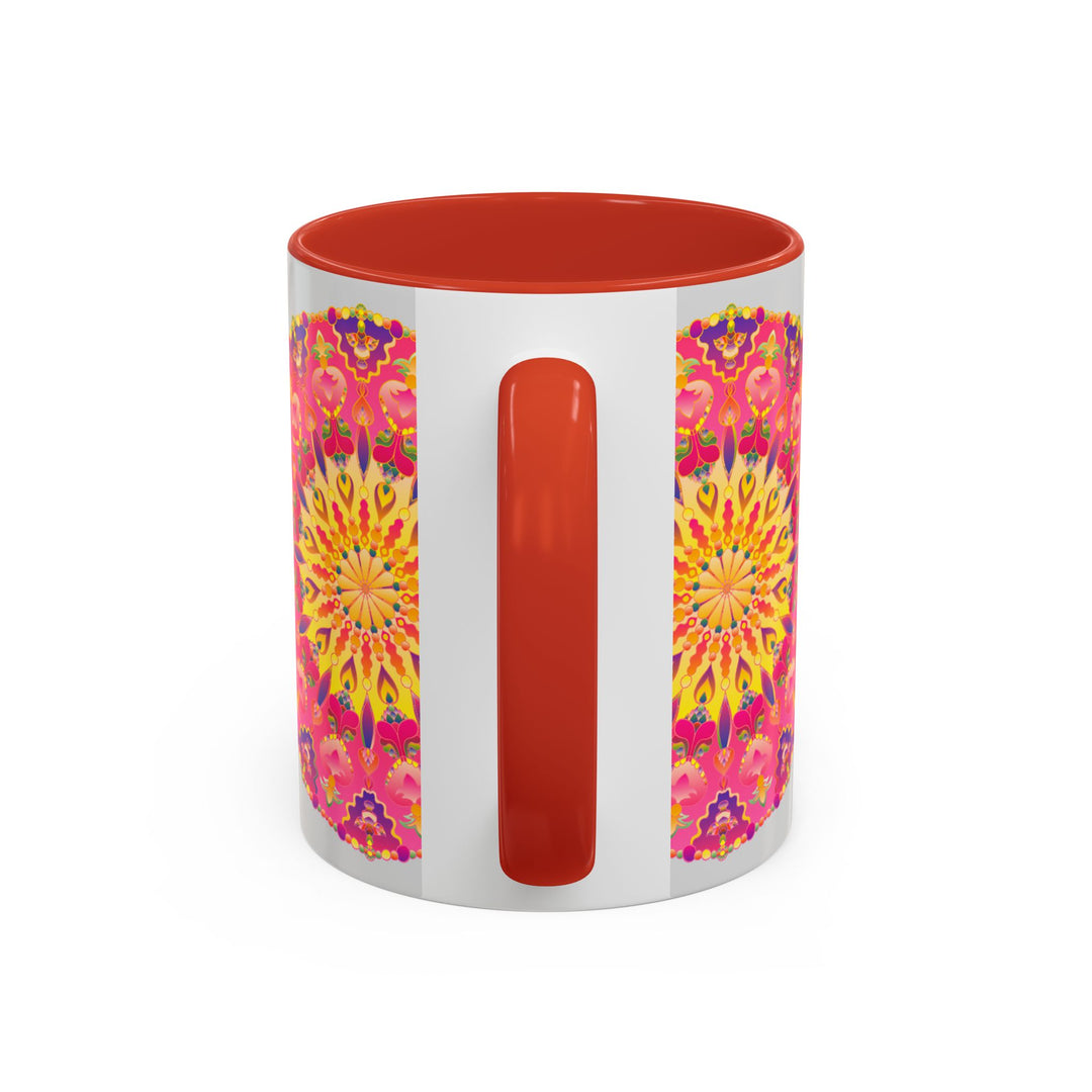 Beautiful mandala art mug in shades of pink, yellow, and green