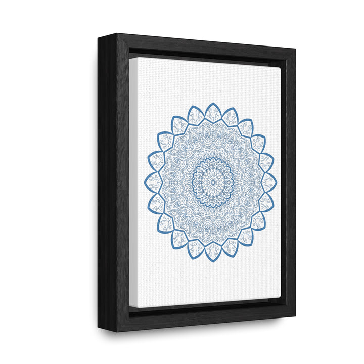 A vertical steel blue Mandala Handmade Art on gallery canvas wraps