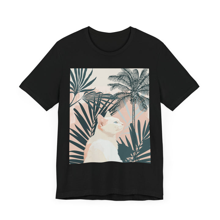 Trendy white cat tee with a cute palm leaf design