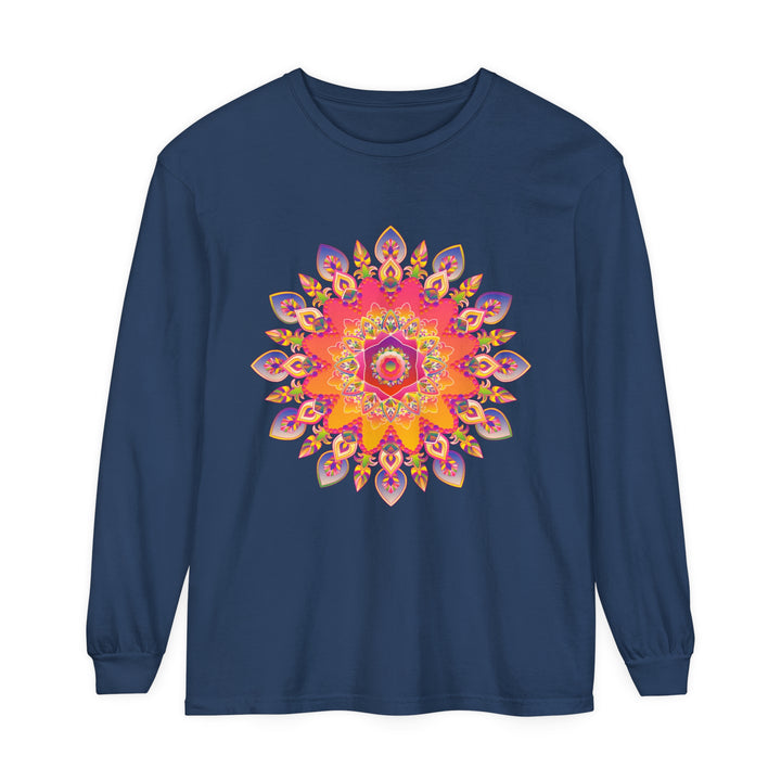 Colorful and intricate mandala design on a unisex long sleeve t-shirt