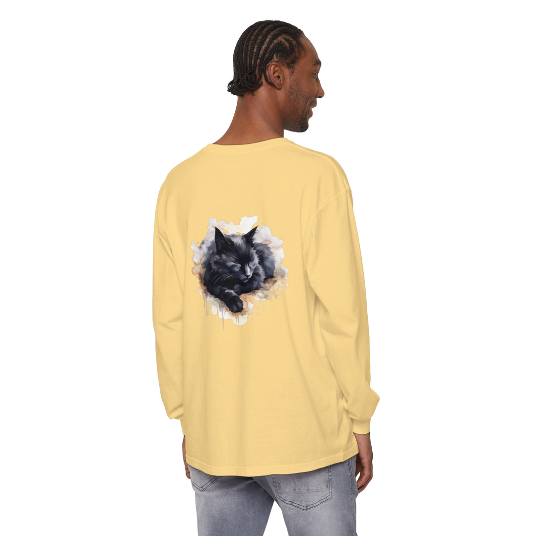 Sleeping black cat watercolor t-shirt featuring a peaceful feline design