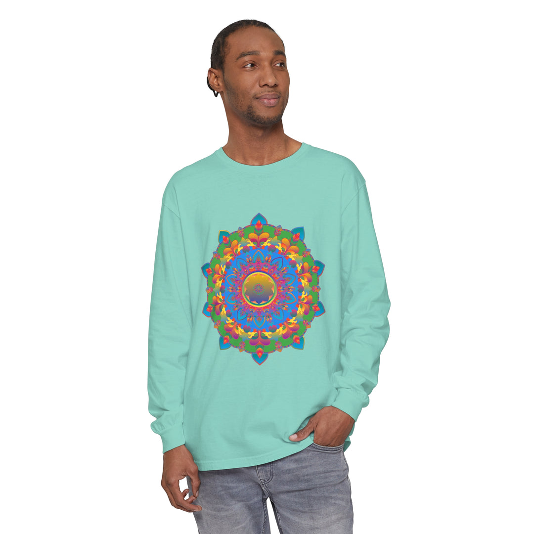 Eye-catching long sleeve t-shirt with a colorful and detailed mandala design