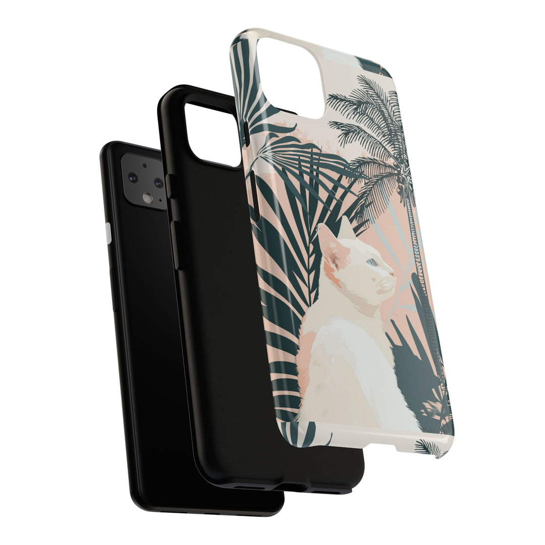 Tropische Katzen-Telefonhülle mit üppigen Palmenmotiven und sanften Pastelltönen