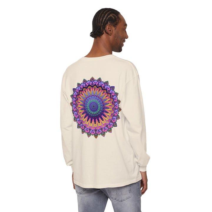 Intricate Mandala Unisex Long Sleeve T-Shirt featuring intricate mandala design in vibrant colors on black fabric