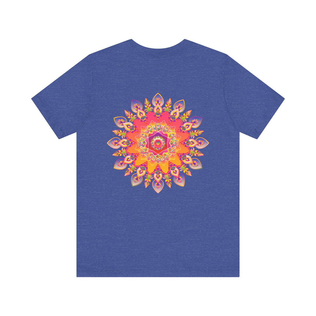 A vibrant and colorful mandala tee featuring spiritual symbols for peace and harmony