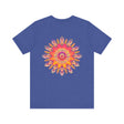 A vibrant and colorful mandala tee featuring spiritual symbols for peace and harmony