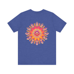A vibrant and colorful mandala tee featuring spiritual symbols for peace and harmony