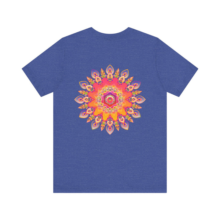 A vibrant and colorful mandala tee featuring spiritual symbols for peace and harmony