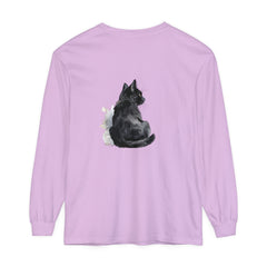 Black Cat Watercolor Unisex Long Sleeve T-Shirt featuring a vibrant watercolor design of a black cat on a high-quality, comfortable long sleeve shirt