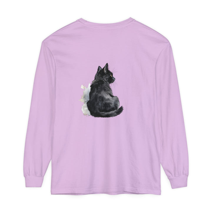 Black Cat Watercolor Unisex Long Sleeve T-Shirt featuring a vibrant watercolor design of a black cat on a high-quality, comfortable long sleeve shirt