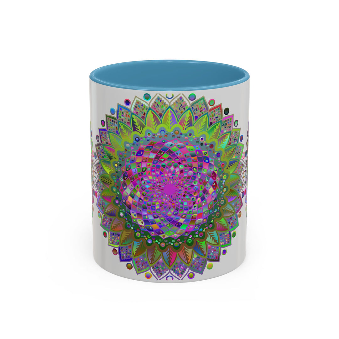 Colorful and intricate psychedelic mandala design on a grey mug