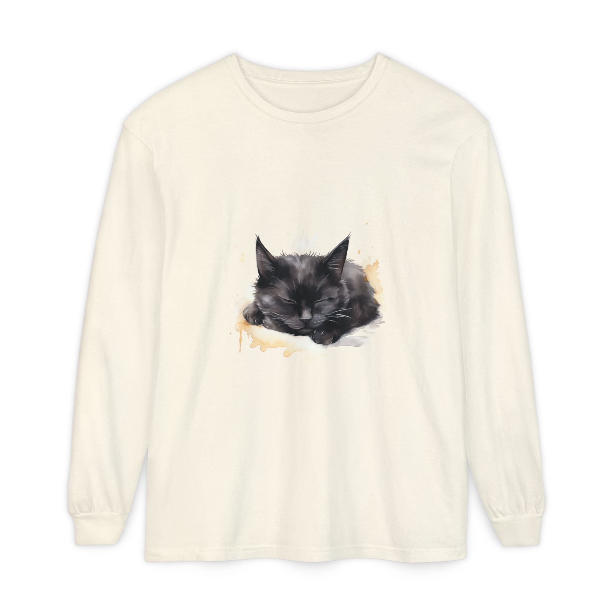 Sleepy Cat Watercolor Long Sleeve T-Shirt