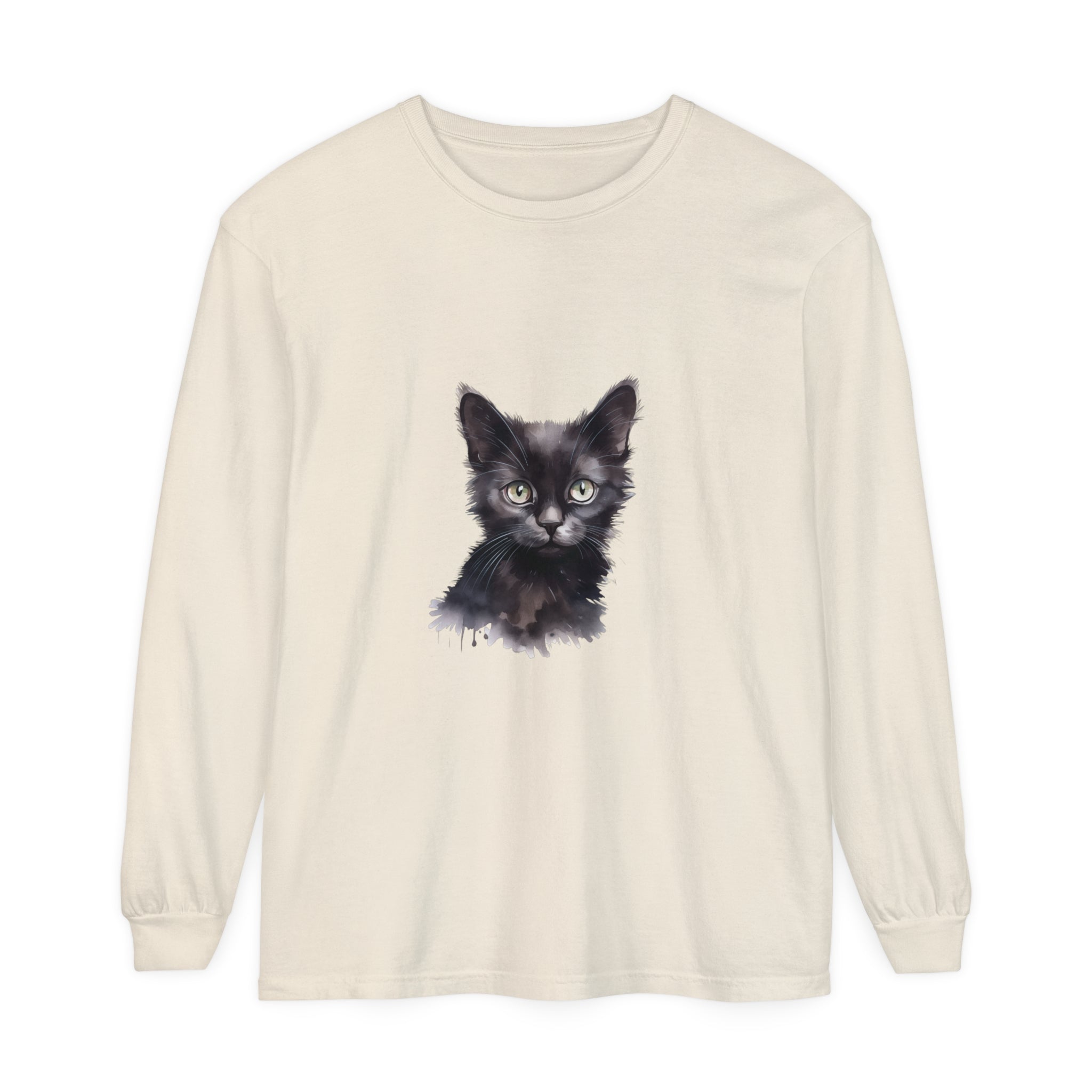 Stylish black cat watercolor long sleeve t-shirt, perfect for casual wear