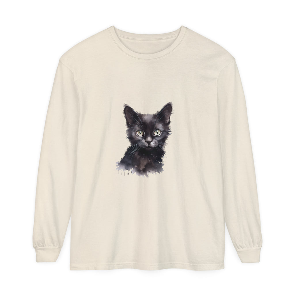 Stylish black cat watercolor long sleeve t-shirt, perfect for casual wear