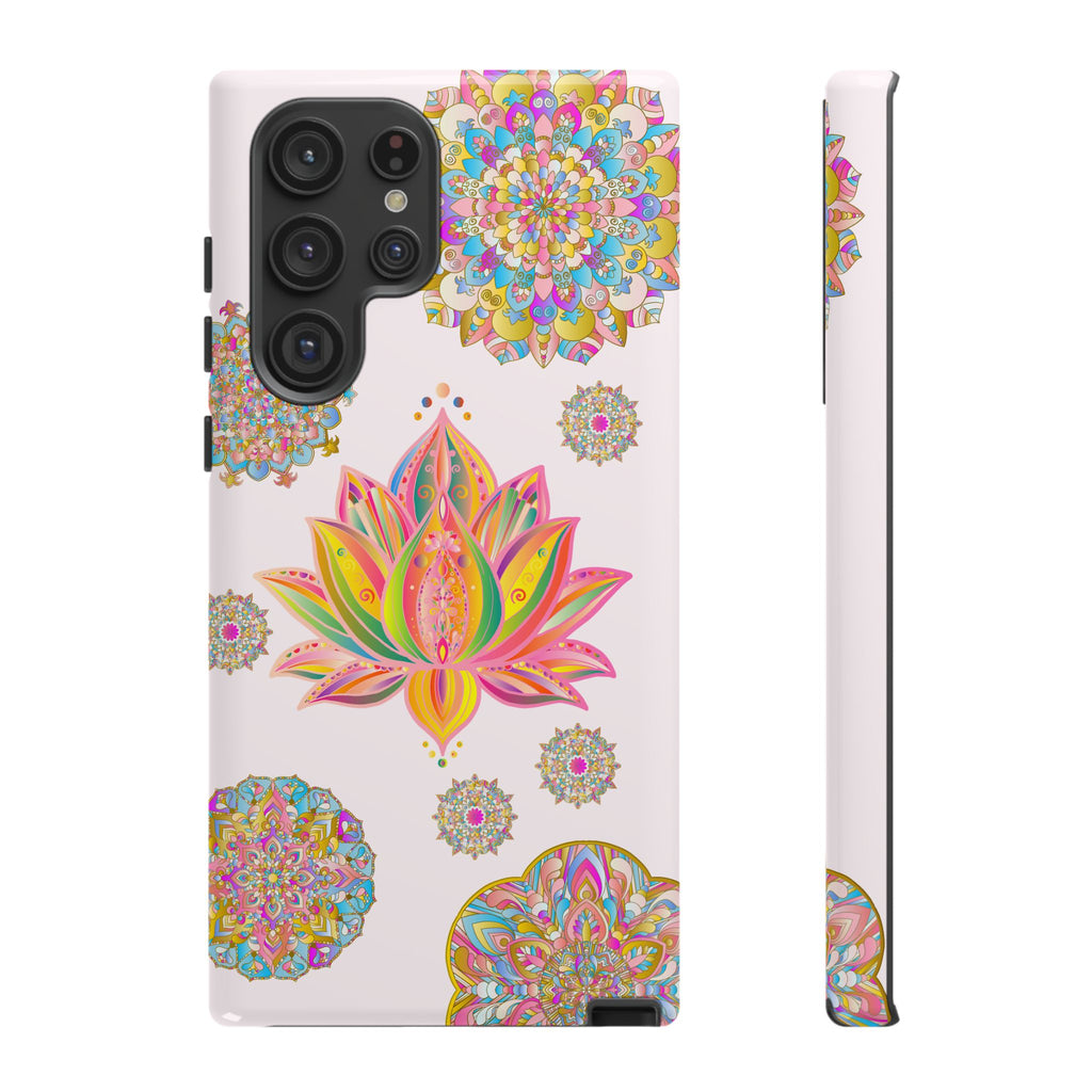 A beautiful light pink phone case with a mandala design featuring a lotus flower