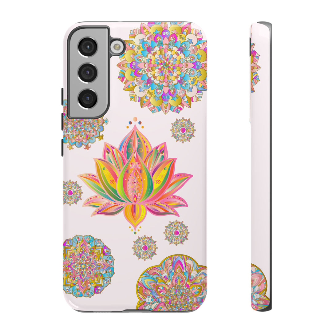 Light pink mandala design phone case featuring a beautiful lotus flower