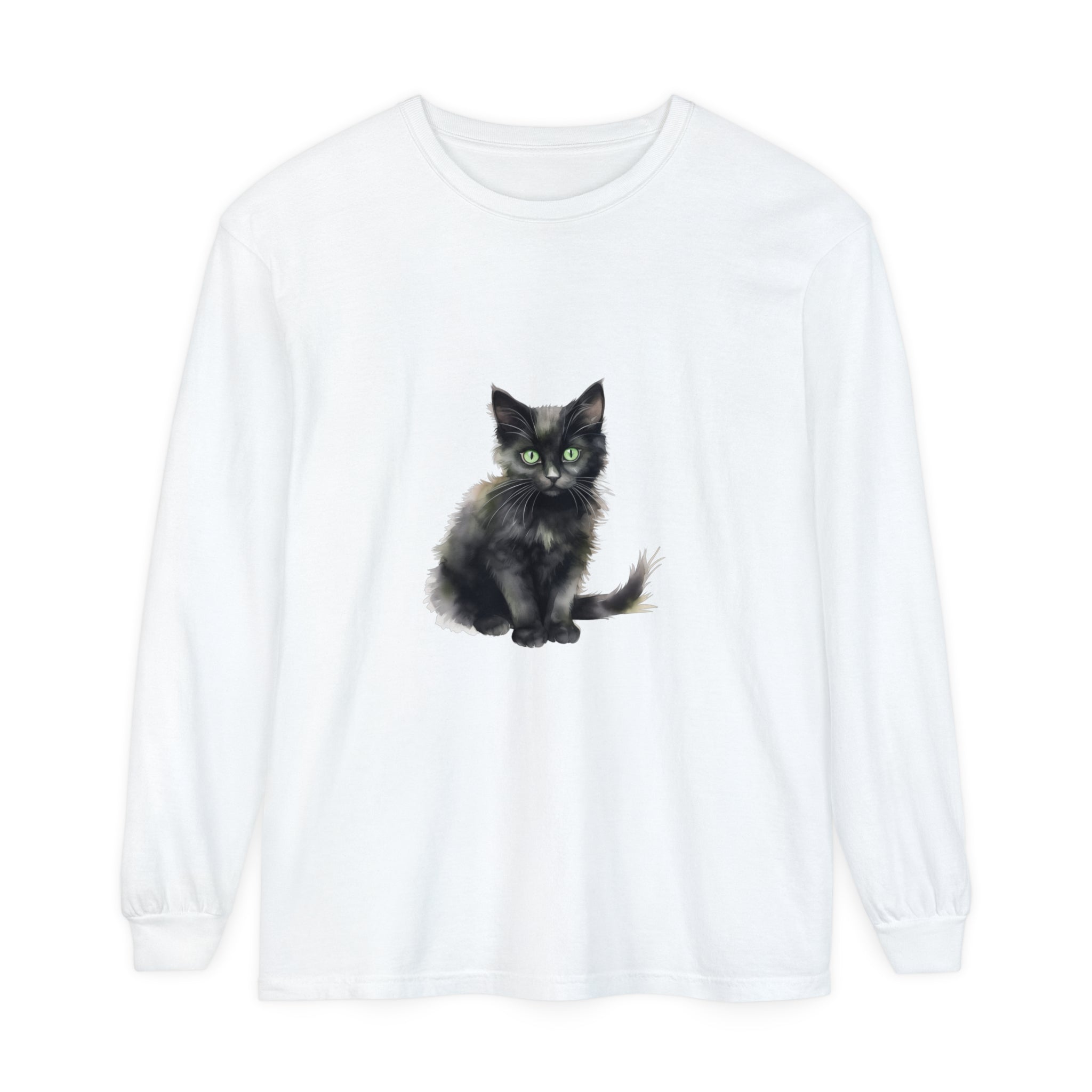 Watercolor black cat t-shirt with striking green eyes, perfect for cat lovers