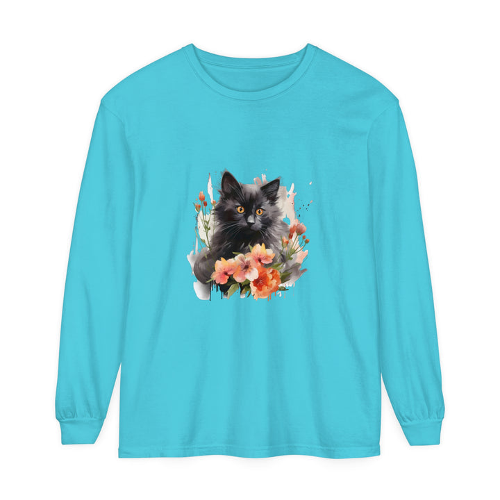 Beautiful watercolor t-shirt featuring a black cat surrounded by colorful flowers