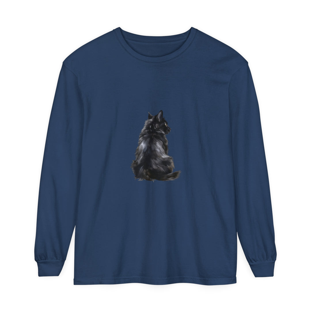 A close-up image of a black cat mystique long sleeve t-shirt with a stylish and intricate design, perfect for casual wear