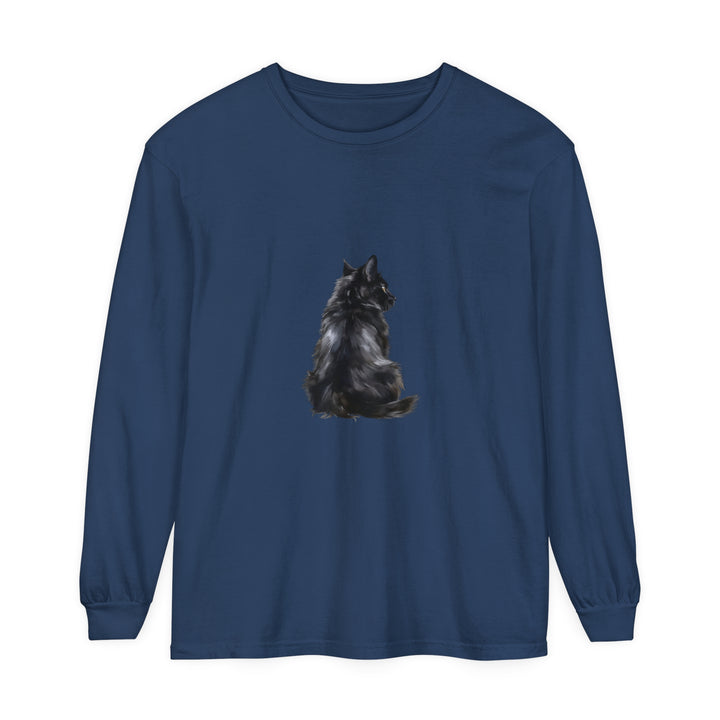 A close-up image of a black cat mystique long sleeve t-shirt with a stylish and intricate design, perfect for casual wear