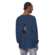 A close-up of a black cat mystery unisex long sleeve tee with intricate design