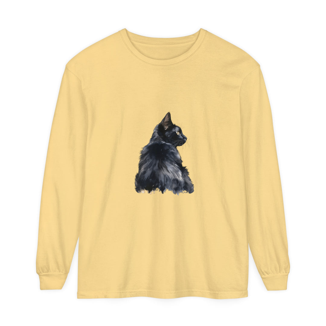 Black Cat Watercolor Long Sleeve T-Shirt featuring a realistic cat design