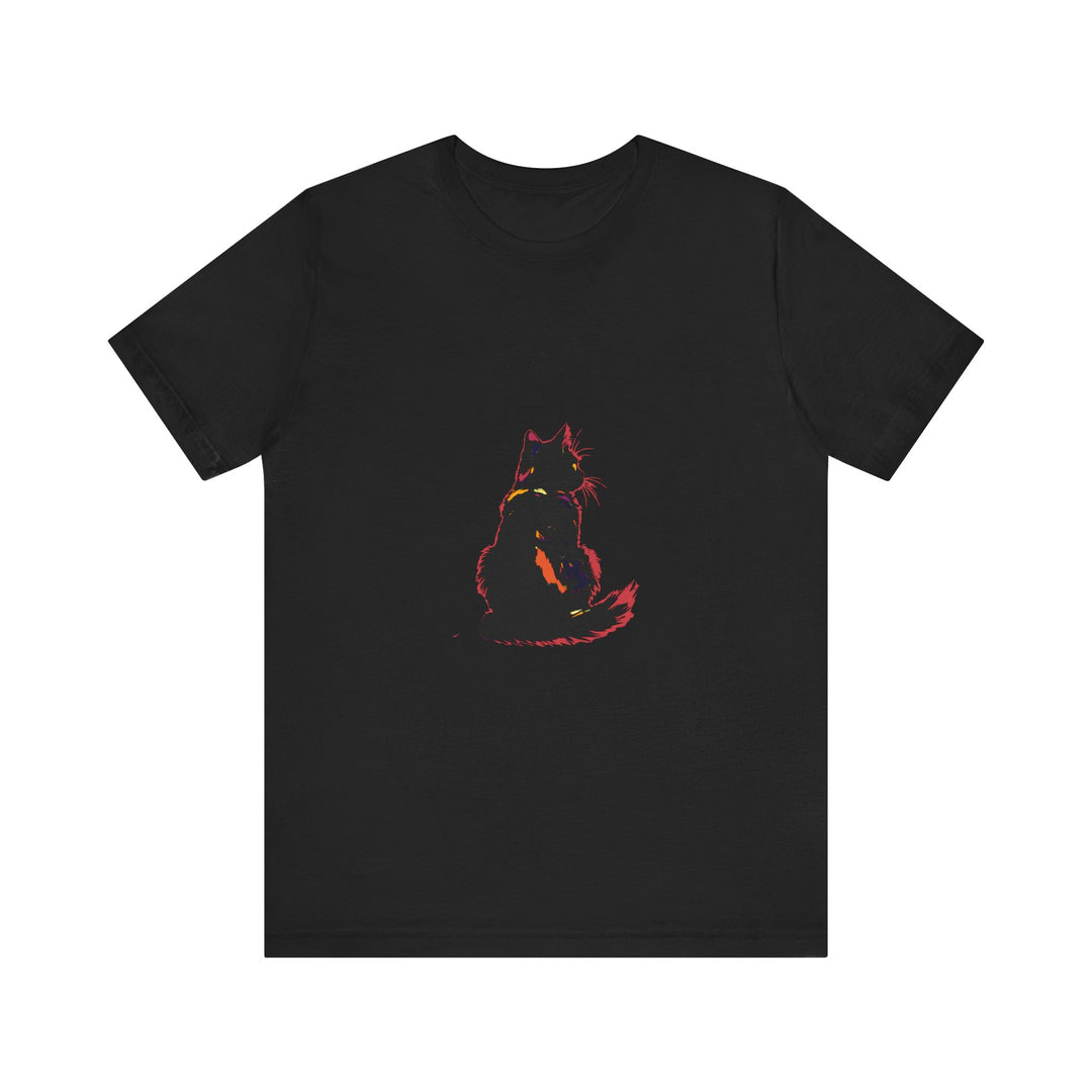 Black Cat Mystery T-Shirt - Shadowy Elegance: A stylish black t-shirt featuring a mysterious black cat design, evoking an aura of elegance and intrigue