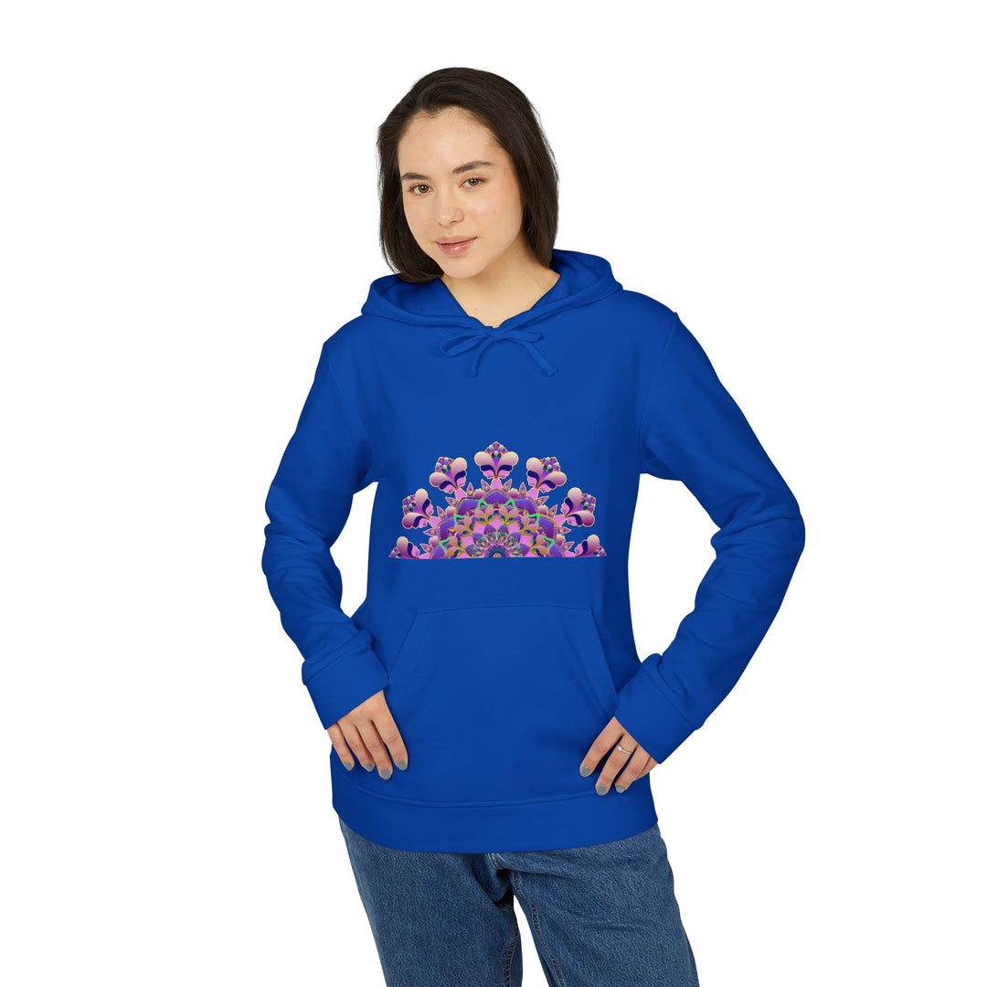 Adidas Mandala Fleece Hoodie in vibrant blue with white mandala design, perfect for staying cozy and stylish during colder weather