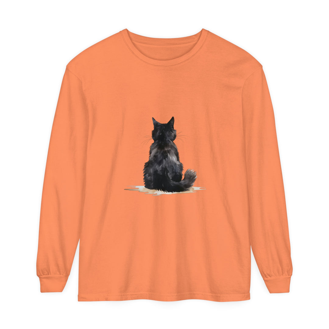 Black Cat Watercolor Unisex Long Sleeve T-Shirt featuring a beautiful watercolor design of a black cat on a comfortable, high-quality long sleeve shirt