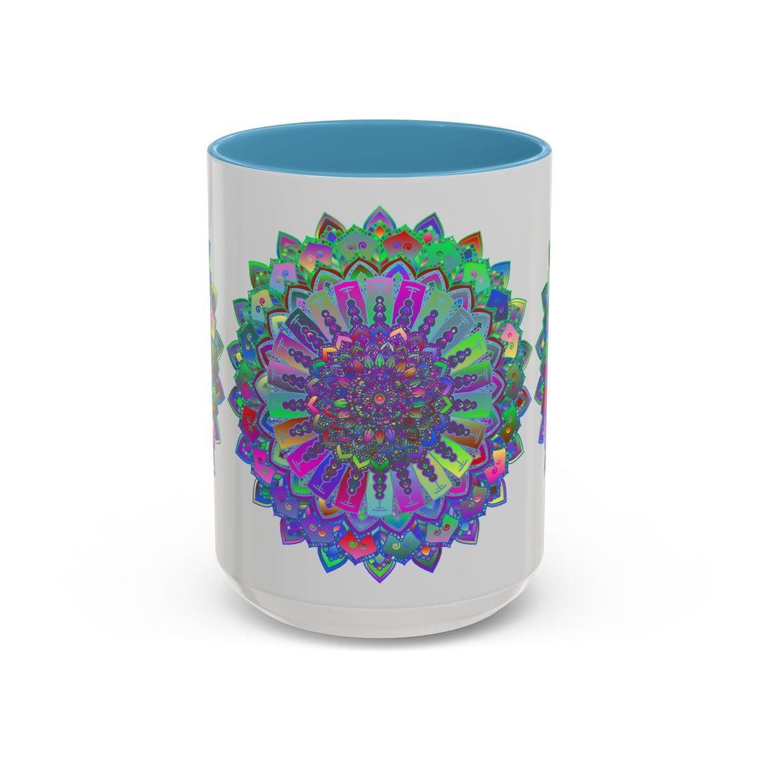 Vibrant and detailed mandala art mug with intricate designs in shades of orange and pink