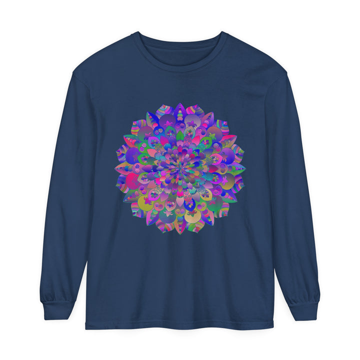 A colorful long sleeve t-shirt featuring a vibrant mandala design