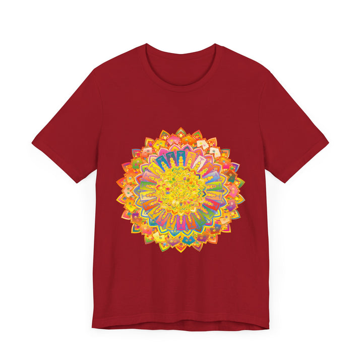 A close-up image of the Intricate Mandala Tee, a colorful and peaceful t-shirt with a detailed mandala design in vibrant hues