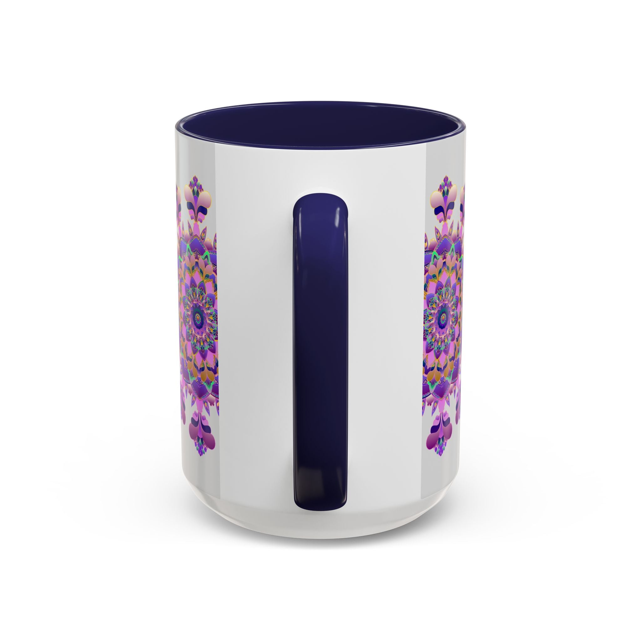 Handcrafted ceramic mandala mug with intricate purple and pink floral design