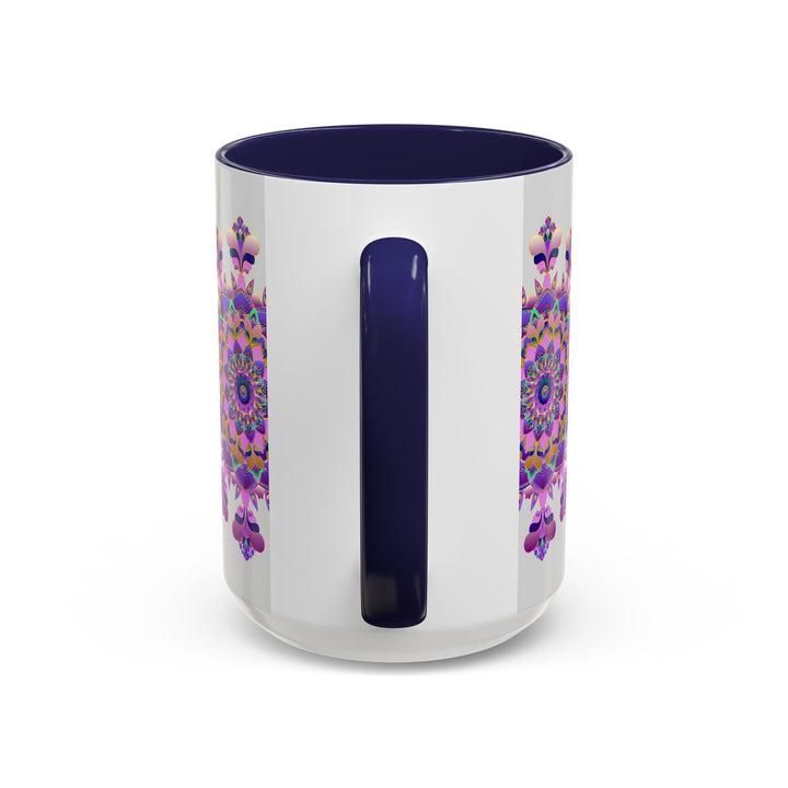 Handcrafted ceramic mandala mug with intricate purple and pink floral design