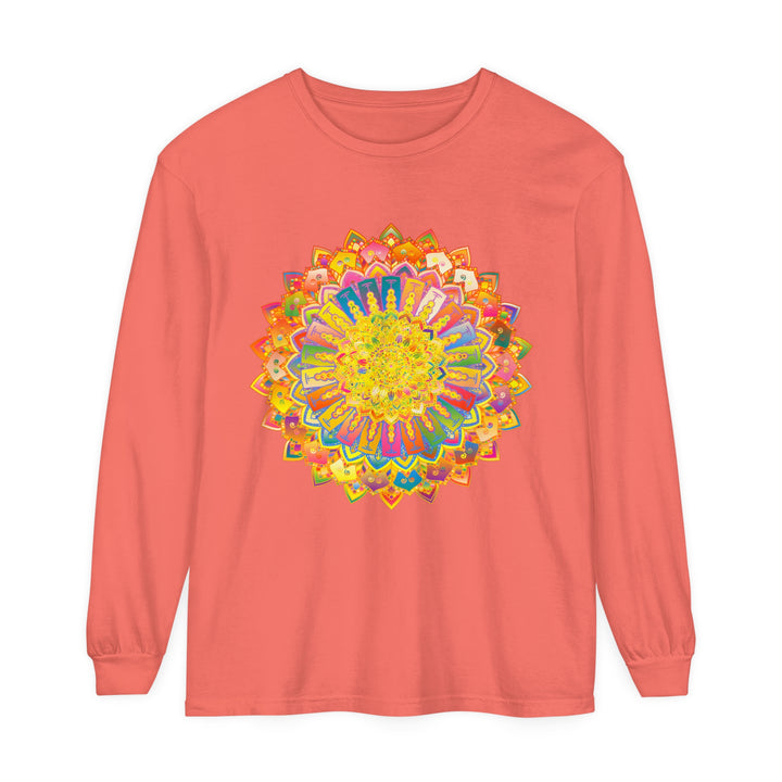 Intricate mandala design featuring intricate patterns on a unisex long sleeve t-shirt