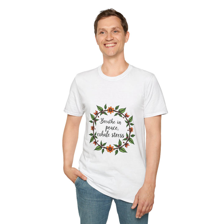 White t-shirt with a colorful floral garland design and the words 'Breathe in Peace Exhale Stress' in cursive font