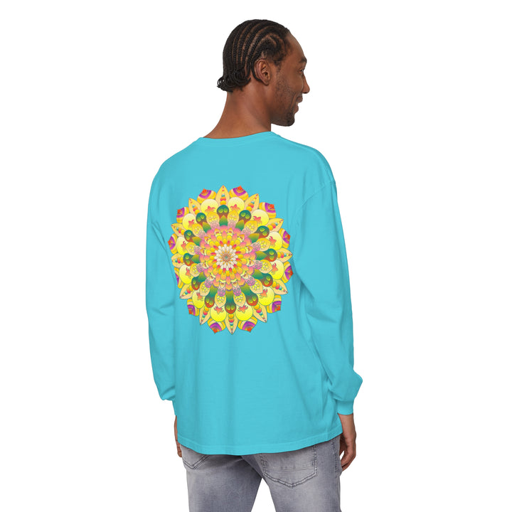 Colorful and intricate mandala design featured on unisex long sleeve t-shirt