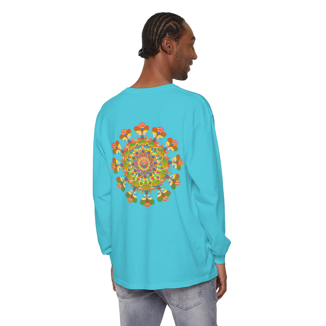 Vibrant, colorful long sleeve T-shirt with a beautiful mandala design