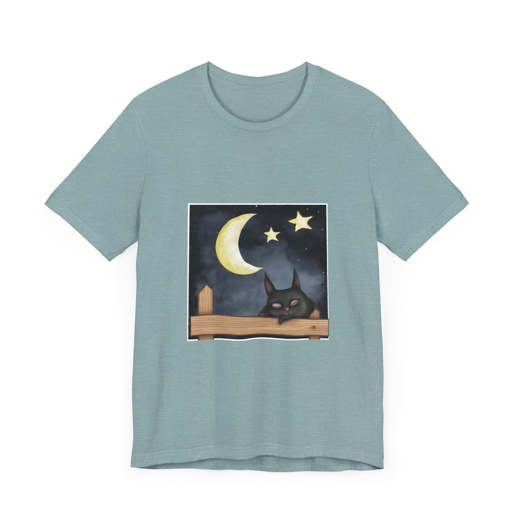 Sleepy Cat Moonlit Night T-Shirt featuring a serene feline under the moonlight