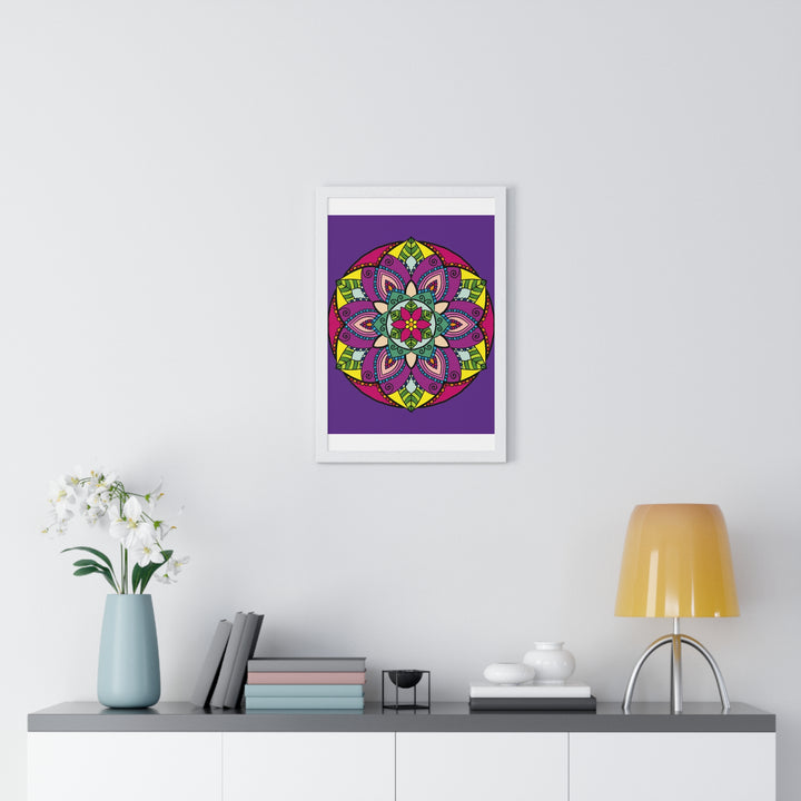 Hand-drawn purple mandala art poster, framed vertically for mindfulness and yoga