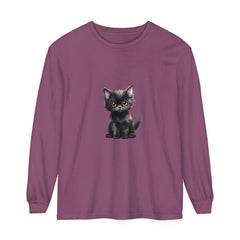 A close-up image of a cute black kitten with vibrant yellow eyes printed on a long sleeve t-shirt