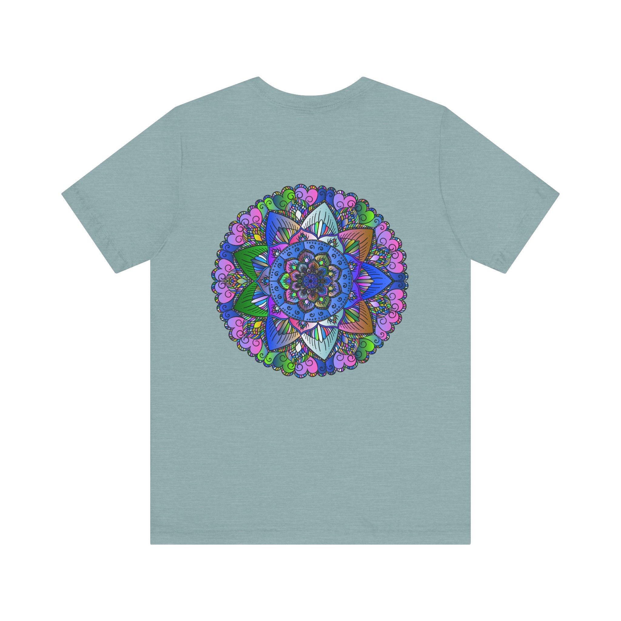 Vibrant Mandala T-Shirt in shades of purple and turquoise with a joyful mandala pattern