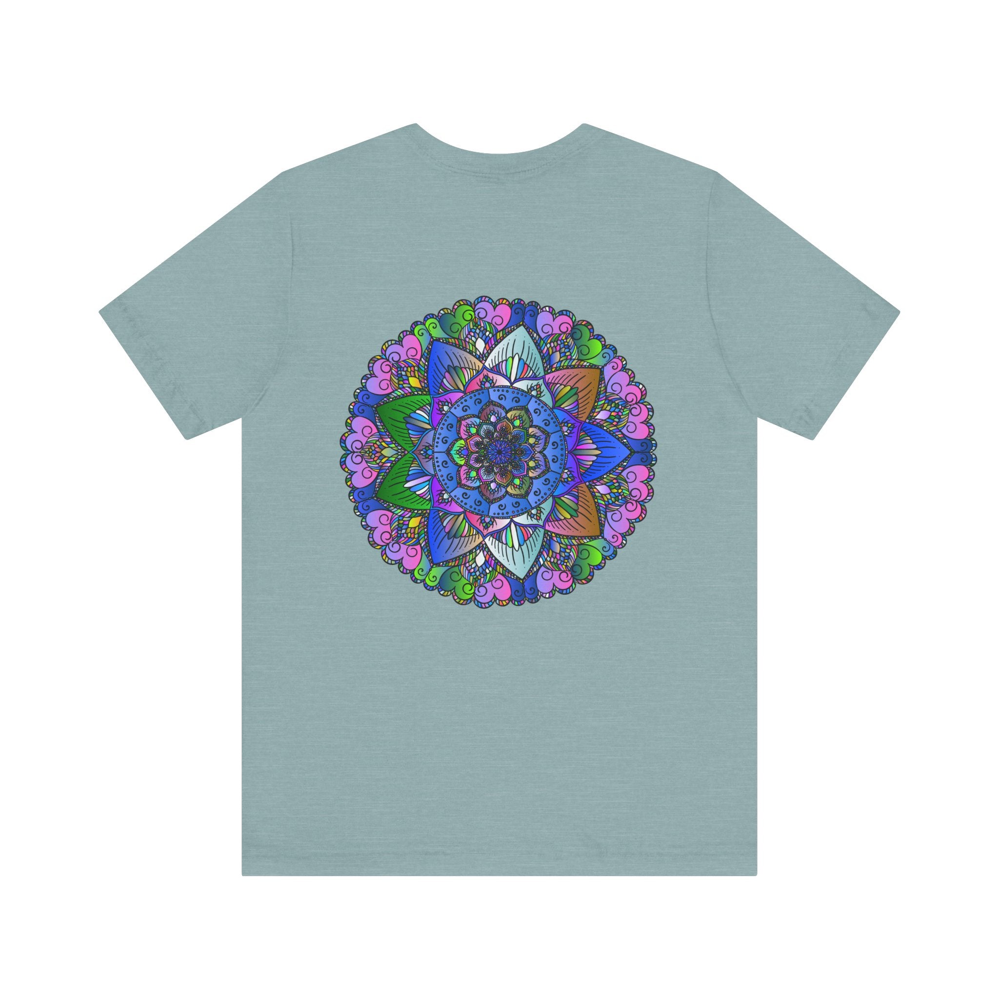Vibrant Mandala T-Shirt in shades of purple and turquoise with a joyful mandala pattern