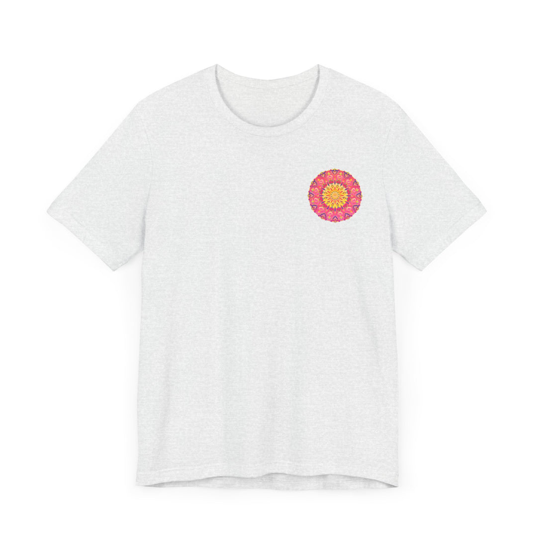 Beautiful pink and yellow mandala design T-shirt promoting peace and harmony