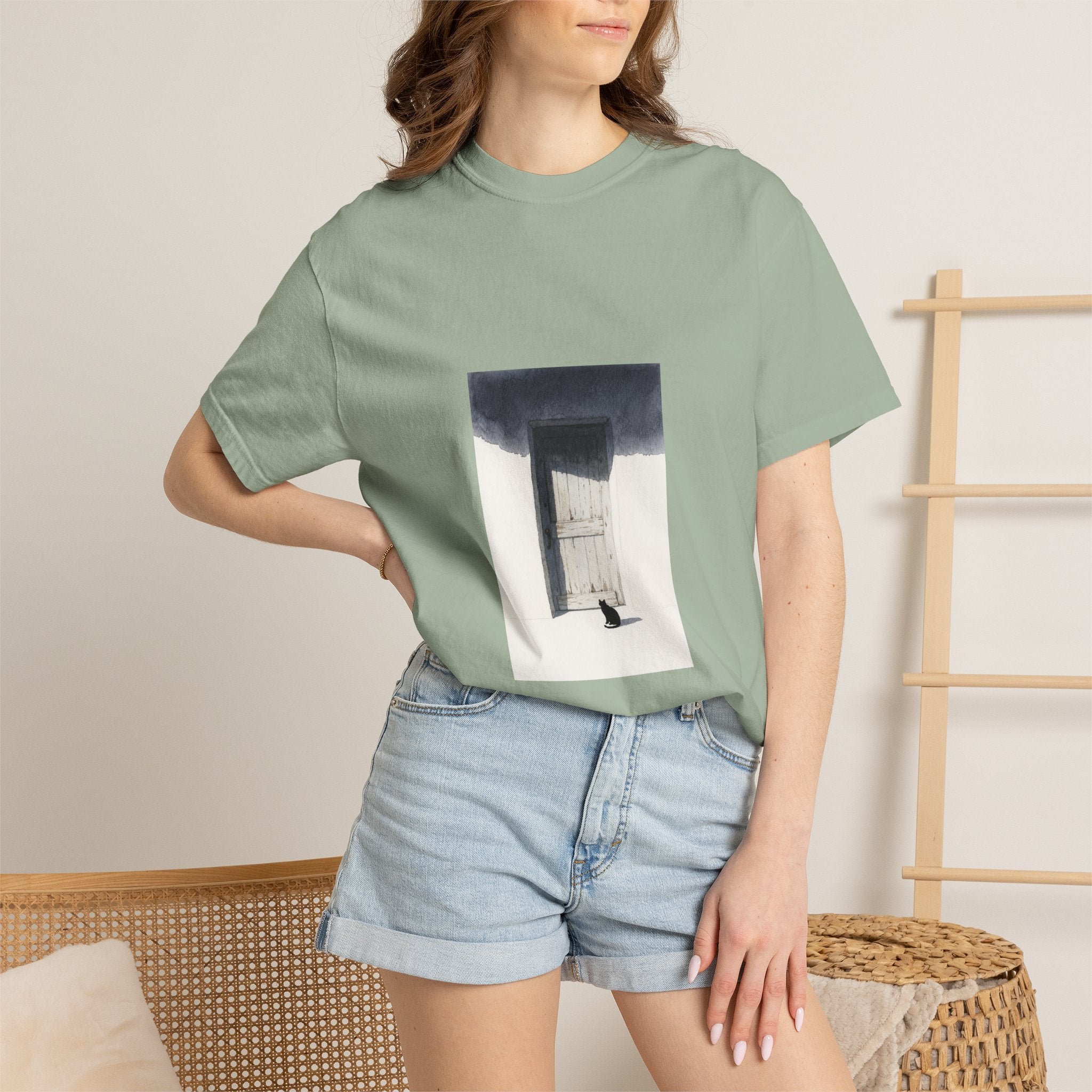 T-Shirt — Minimal Art Cat at Door Graphic Tee