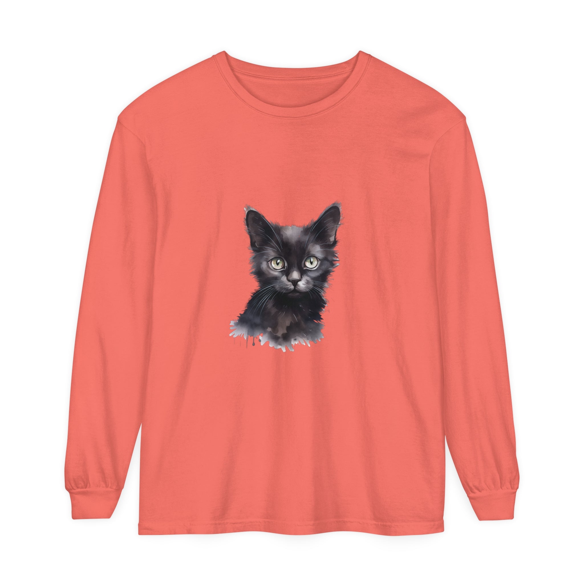 Long sleeve black cat watercolor t-shirt with vibrant and detailed design