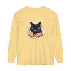 Black Cat Floral Portrait Unisex T-Shirt featuring a detailed illustration of a black cat surrounded by vibrant flowers and greenery on a comfortable, high-quality shirt