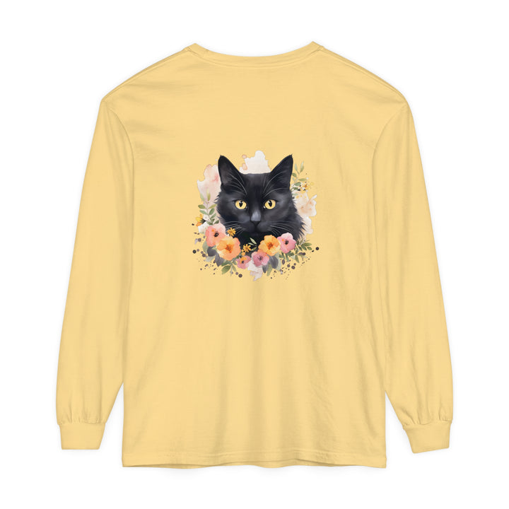 Black Cat Floral Portrait Unisex T-Shirt featuring a detailed illustration of a black cat surrounded by vibrant flowers and greenery on a comfortable, high-quality shirt