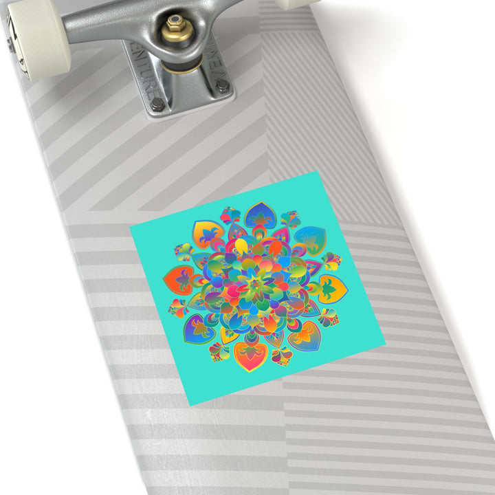 Hand-Drawn Mandala Laminate Stickers – Gold, Red, and Green on Turquoise