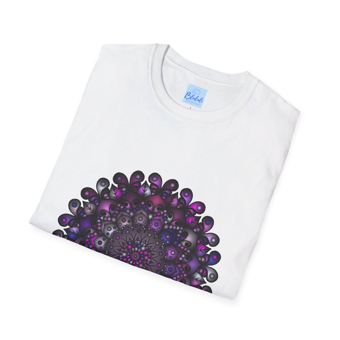 Colorful handmade mandala art softstyle t-shirt featuring intricate, vibrant design